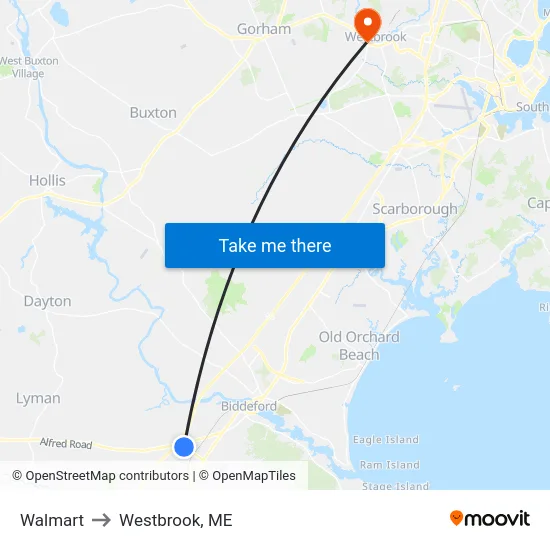 Walmart to Westbrook, ME map