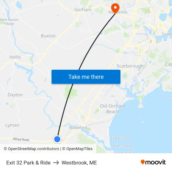 Exit 32 Park & Ride to Westbrook, ME map