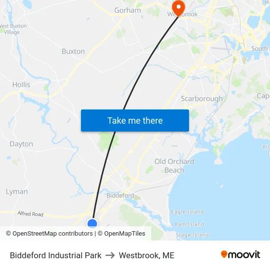 Biddeford Industrial Park to Westbrook, ME map