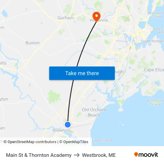 Main St & Thornton Academy to Westbrook, ME map