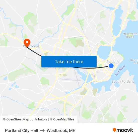 Portland City Hall to Westbrook, ME map