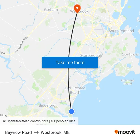 Bayview Road to Westbrook, ME map