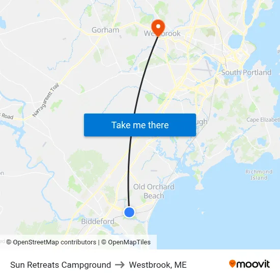 Sun Retreats Campground to Westbrook, ME map