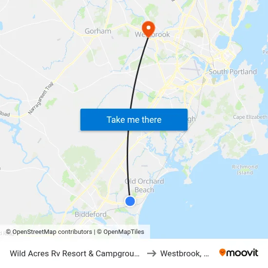 Wild Acres Rv Resort & Campground to Westbrook, ME map