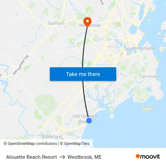 Alouette Beach Resort to Westbrook, ME map