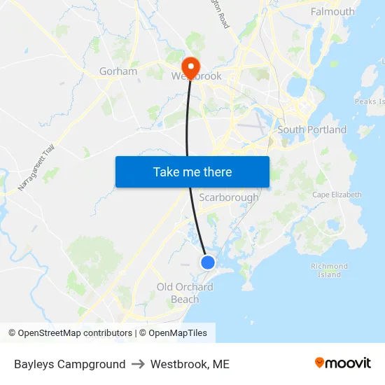 Bayleys Campground to Westbrook, ME map