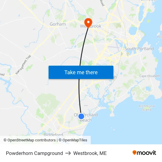 Powderhorn Campground to Westbrook, ME map