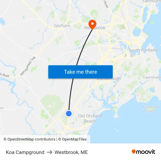 Koa Campground to Westbrook, ME map