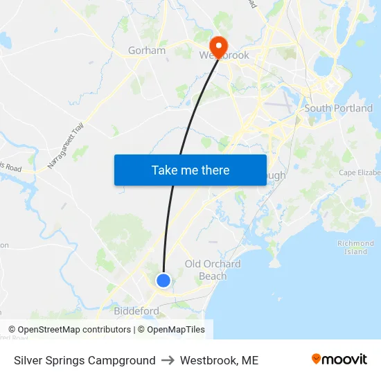 Silver Springs Campground to Westbrook, ME map
