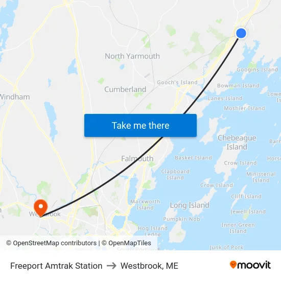 Freeport Amtrak Station to Westbrook, ME map