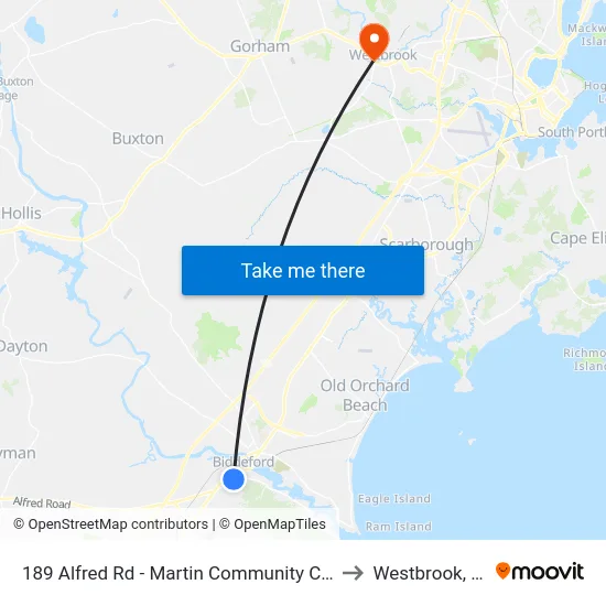 189 Alfred Rd - Martin Community Center to Westbrook, ME map