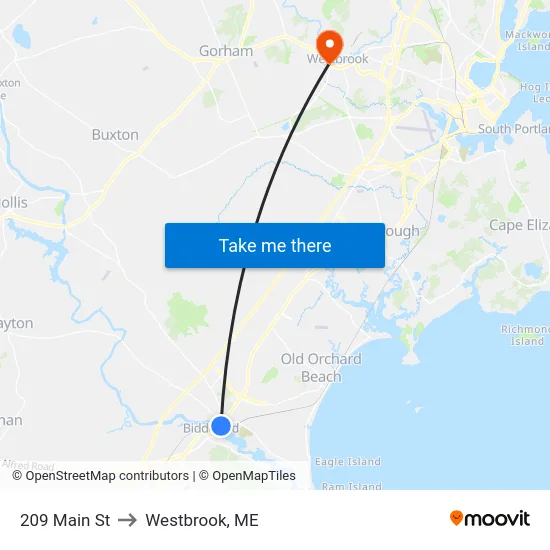 209 Main St to Westbrook, ME map