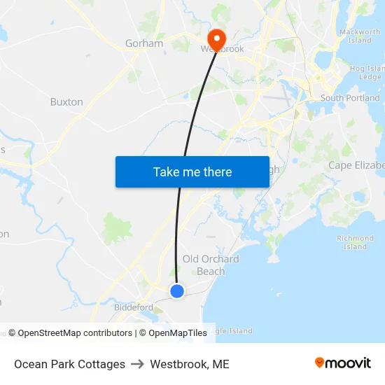 Ocean Park Cottages to Westbrook, ME map