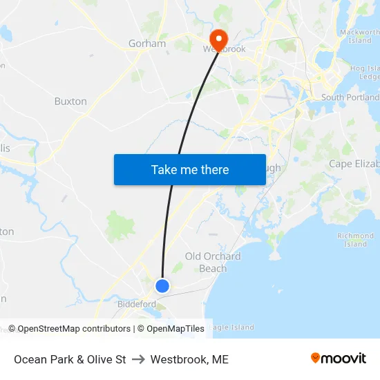Ocean Park & Olive St to Westbrook, ME map