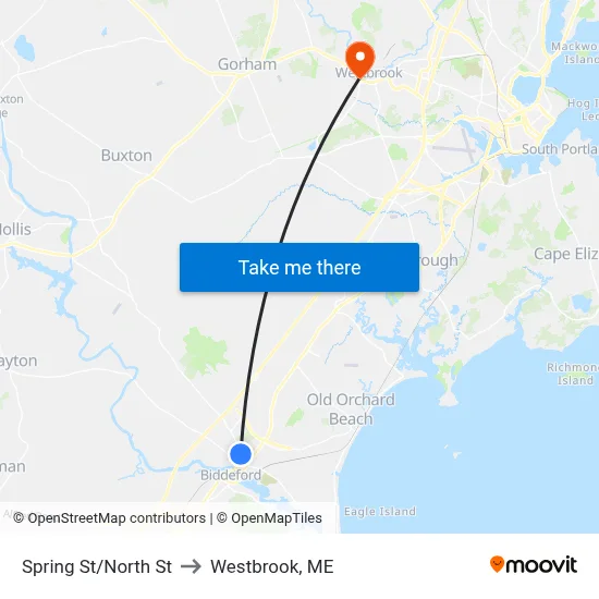 Spring St/North St to Westbrook, ME map