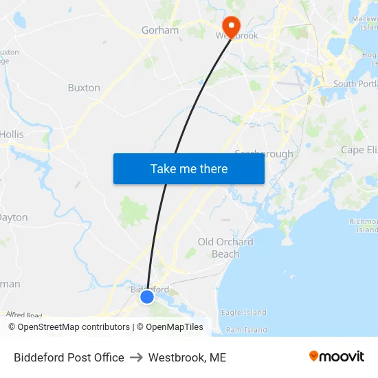 Biddeford Post Office to Westbrook, ME map