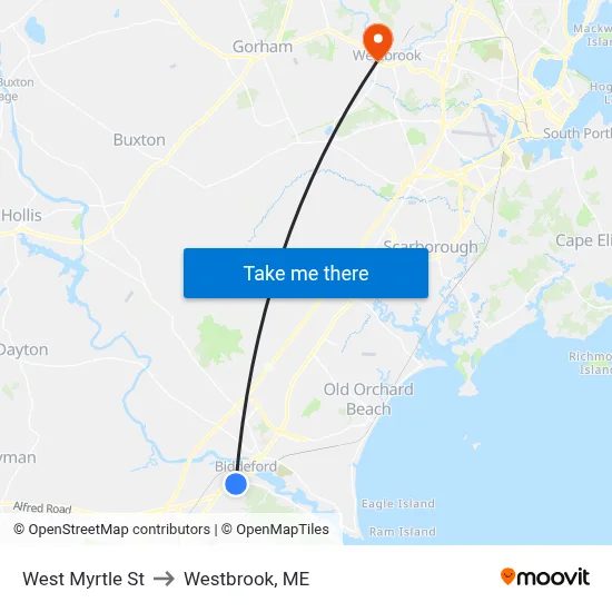 West Myrtle St to Westbrook, ME map