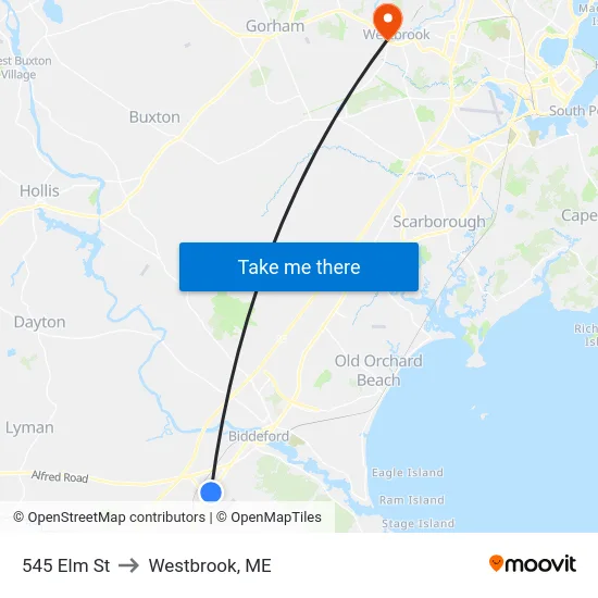 545 Elm St to Westbrook, ME map