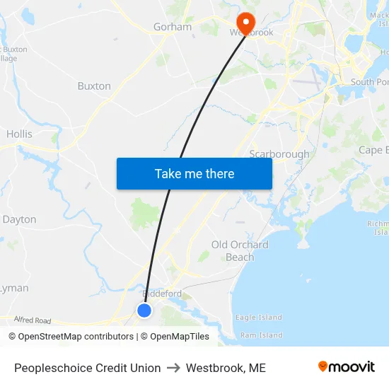 Peopleschoice Credit Union to Westbrook, ME map