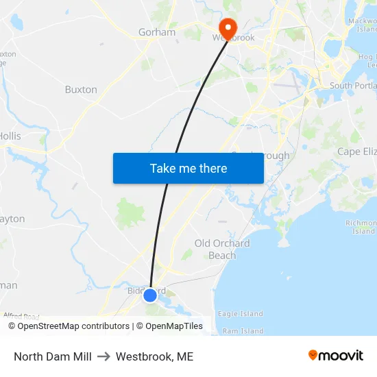 North Dam Mill to Westbrook, ME map
