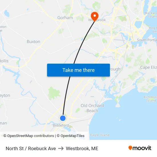North St / Roebuck Ave to Westbrook, ME map