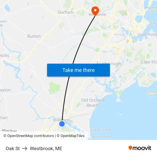 Oak St to Westbrook, ME map