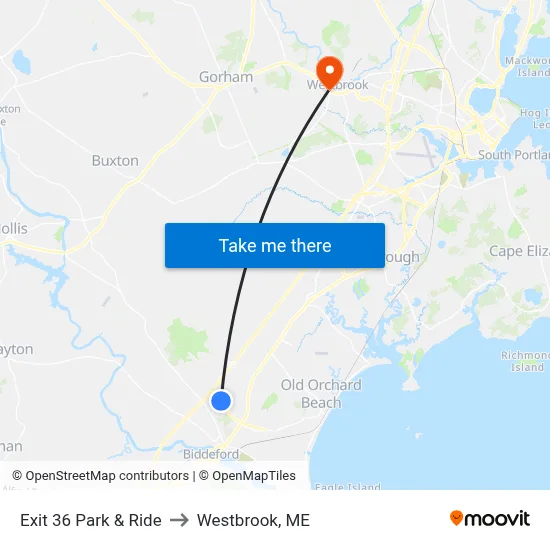Exit 36 Park & Ride to Westbrook, ME map