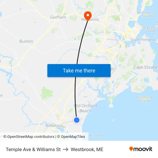 Temple Ave & Williams St to Westbrook, ME map