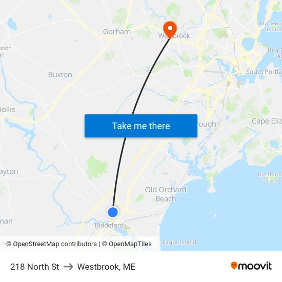 218 North St to Westbrook, ME map