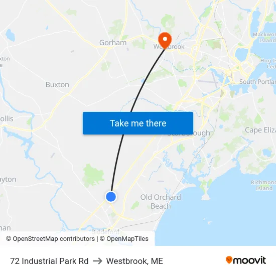 72 Industrial Park Rd to Westbrook, ME map