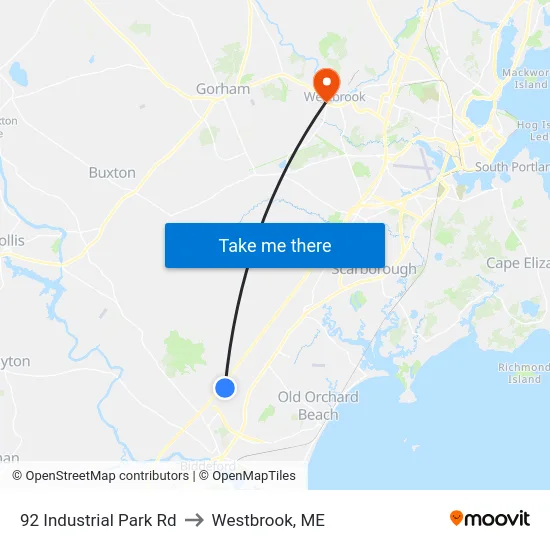 92 Industrial Park Rd to Westbrook, ME map