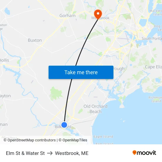 Elm St & Water St to Westbrook, ME map