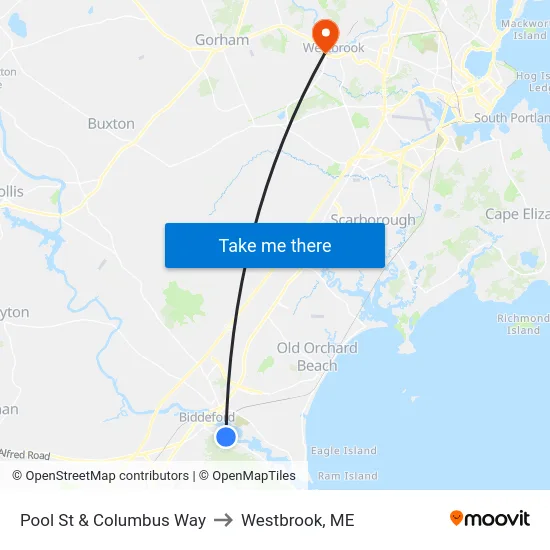 Pool St & Columbus Way to Westbrook, ME map