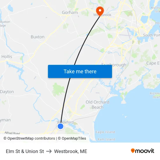 Elm St & Union St to Westbrook, ME map
