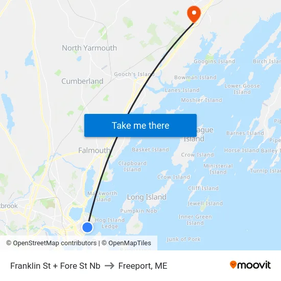 Franklin St + Fore St Nb to Freeport, ME map