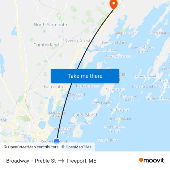 Broadway + Preble St to Freeport, ME map