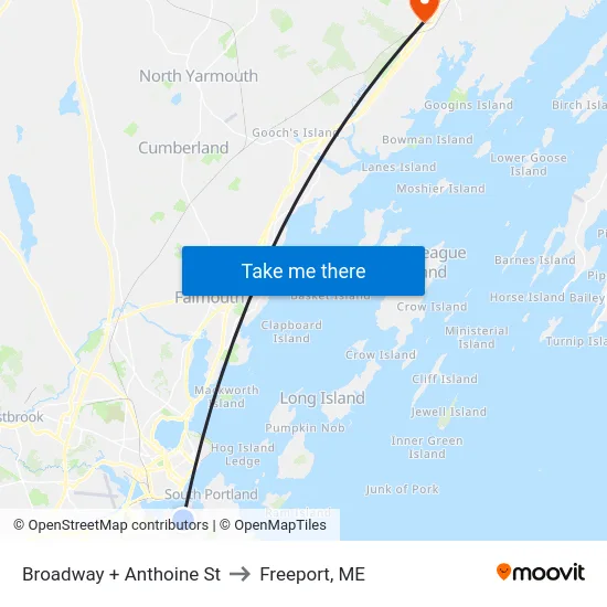Broadway + Anthoine St to Freeport, ME map