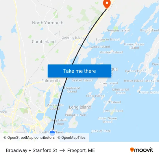 Broadway + Stanford St to Freeport, ME map