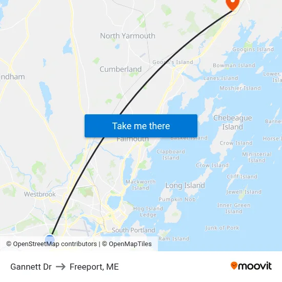 Gannett Dr to Freeport, ME map