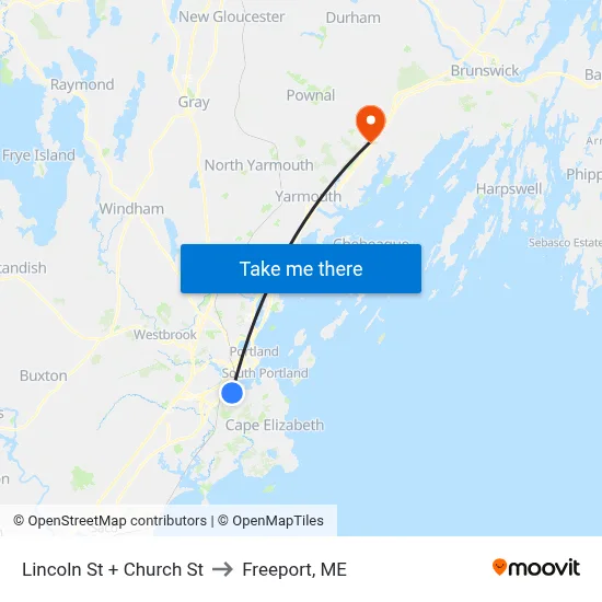 Lincoln St + Church St to Freeport, ME map