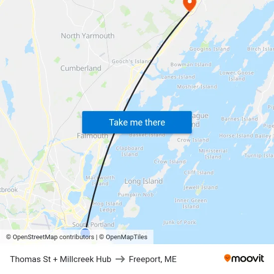Thomas St + Millcreek Hub to Freeport, ME map