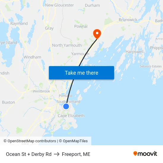 Ocean St + Derby Rd to Freeport, ME map
