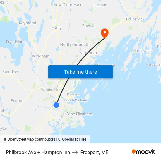 Philbrook Ave + Hampton Inn to Freeport, ME map