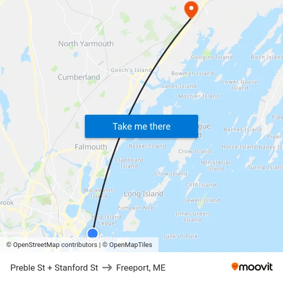 Preble St + Stanford St to Freeport, ME map