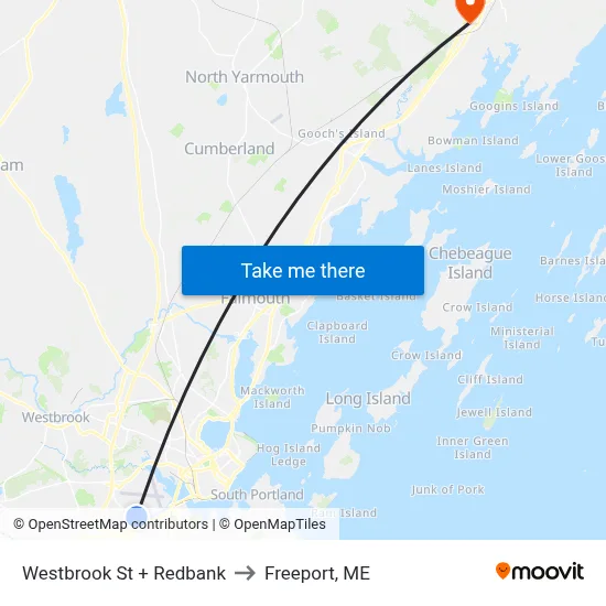 Westbrook St + Redbank to Freeport, ME map