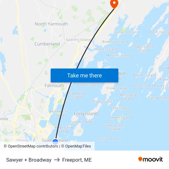 Sawyer + Broadway to Freeport, ME map