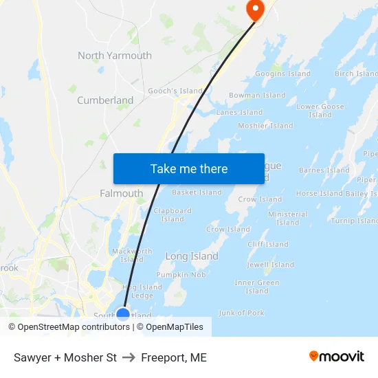 Sawyer + Mosher St to Freeport, ME map