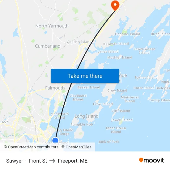 Sawyer + Front St to Freeport, ME map