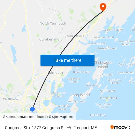Congress St + 1577 Congress St to Freeport, ME map