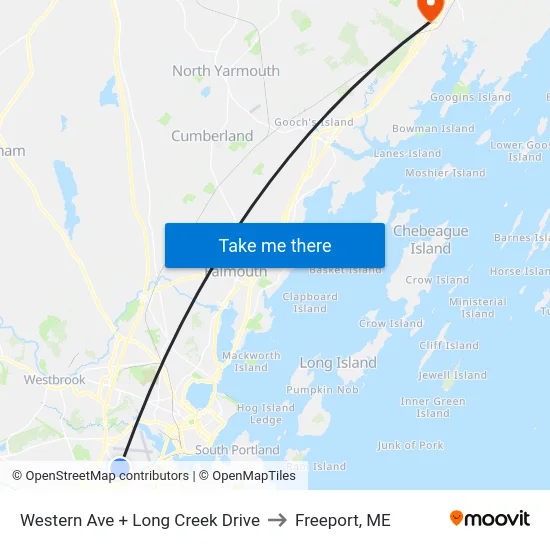 Western Ave + Long Creek Drive to Freeport, ME map